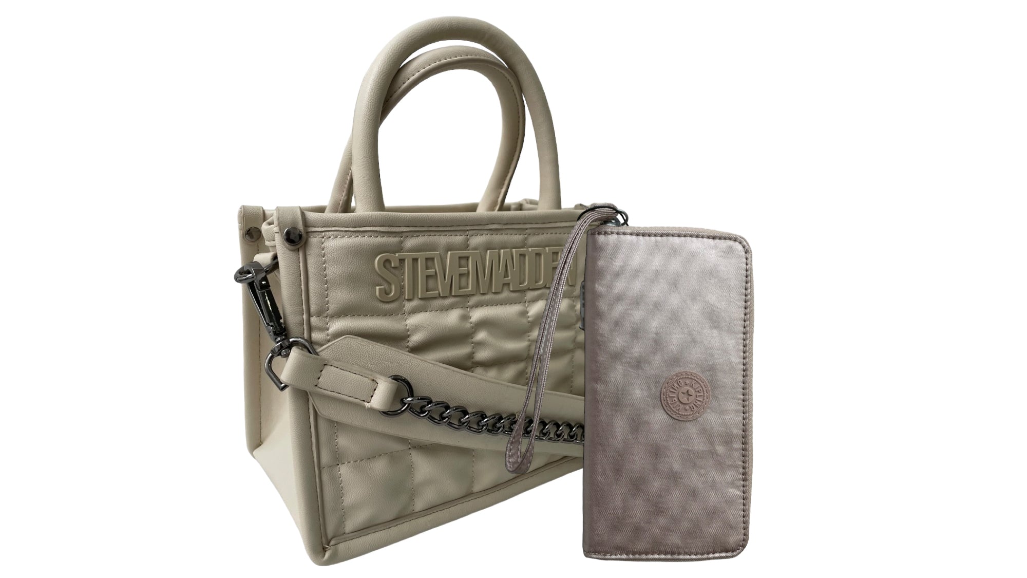 Combo Bolsa Steve Madden Bniko Beige + Kipling Rubi Cartera Rosa Metalico